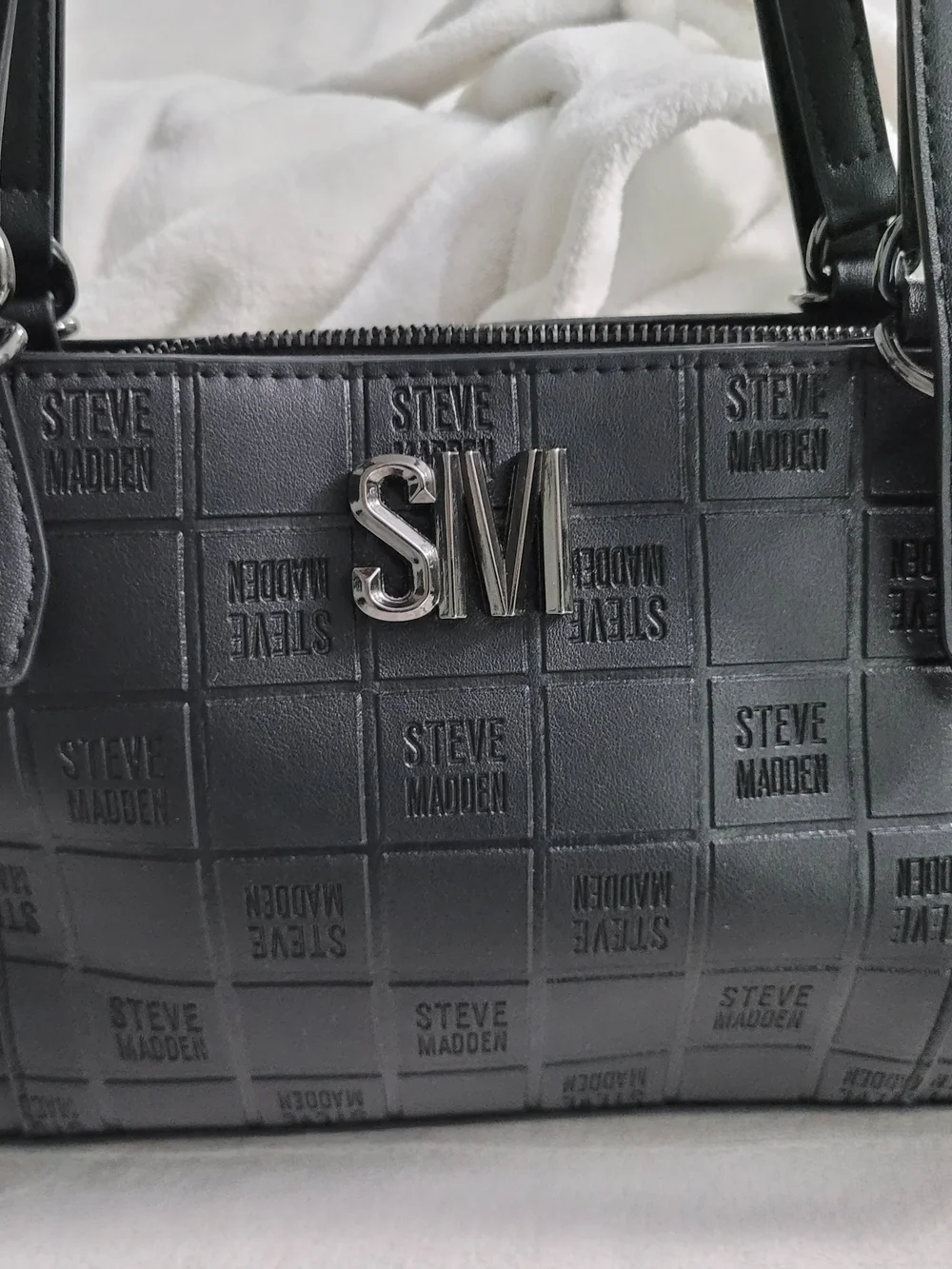 Steve Madden Black Embossed Logo Grid Satchel Handbag Silver SM Hardware